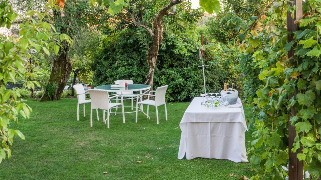 Elegant garden furniture set in a lush garden