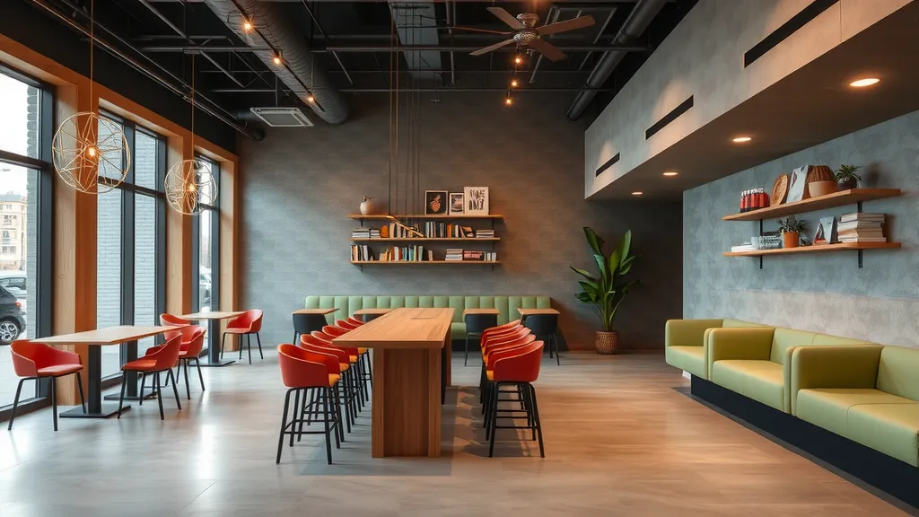 Hidden Ways to Save Money at Home Depot modern cafe lounge featuring long wooden tables, red chairs, green sofas, indoor plants, wall shelves, and warm lighting.