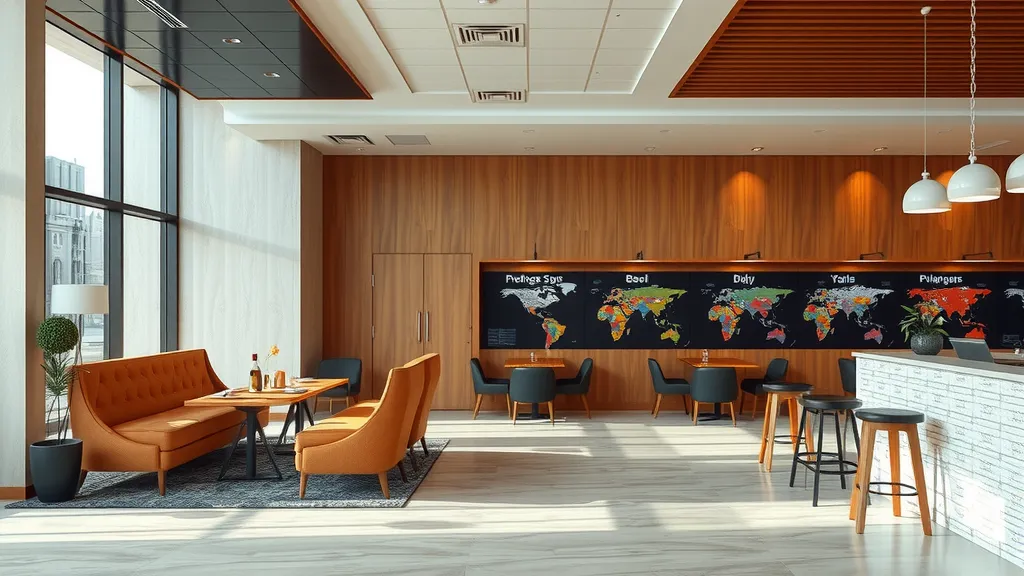 Modern lounge with orange sofas, wooden wall design, and world map mural, symbolizing Home Depot Pro Xtra benefits for contractors and business owners.