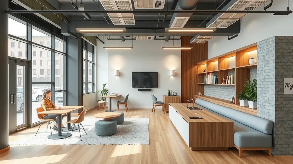 Modern bright office lounge with wooden furniture, open shelves, and cozy seating area — representing savings and stylish updates from Home Depot Weekly Ad & Promotions.