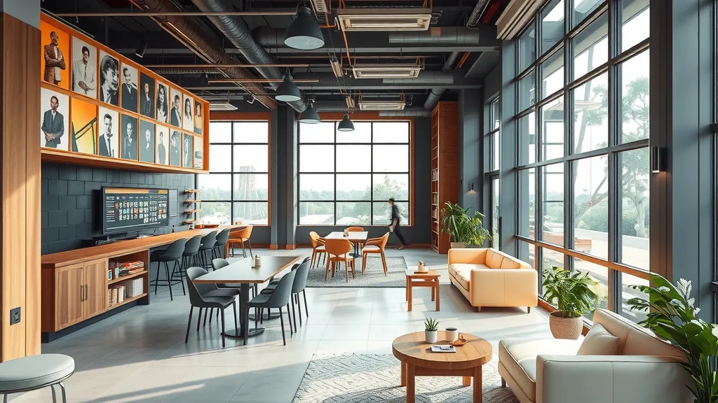 How to Stack Home Depot Coupons & Rebates modern office lounge featuring large glass windows, cozy seating, indoor plants, wall portraits, and wooden furniture.