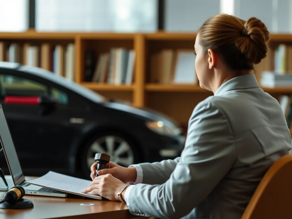Slip and Fall Accidents at Home Depot lawyer analyzing documents with a stamp in hand, sitting at a desk near a laptop, law books in the background, and a car visible outside.